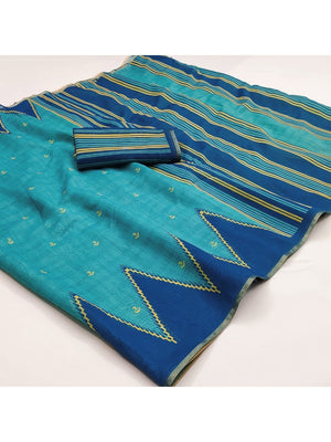 Luxury Teal Blue Zig Zag & Striped Printed Chanderi Silk Saree With Weaving Border - Image 2