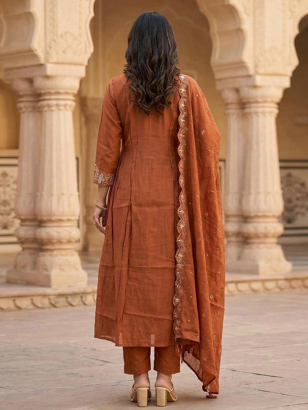 Designer Rust Mul Chanderi A-Line Suit Set with Fine Thread Embroidery for Timeless Ethnic Elegance - Image 3