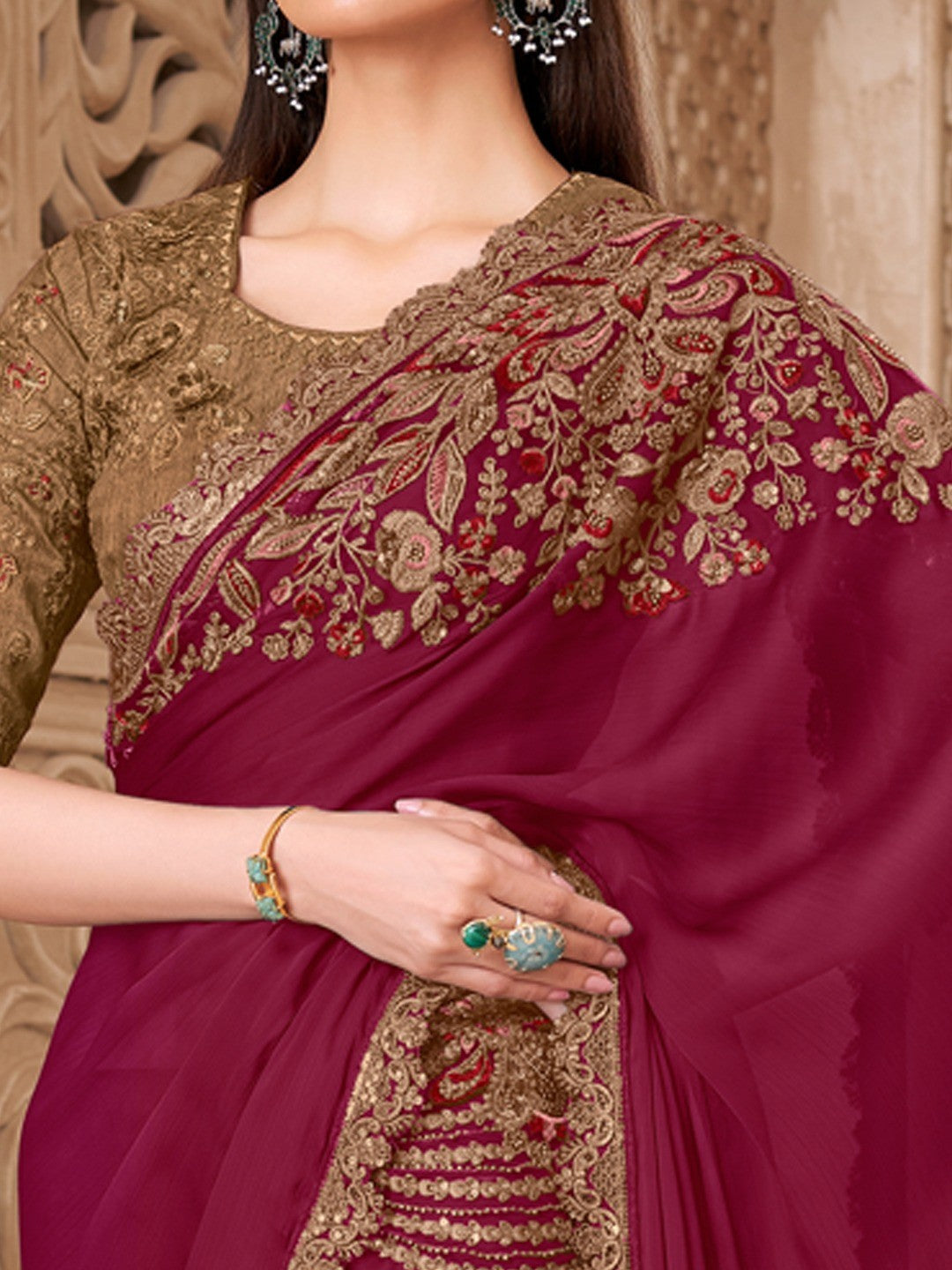 Magenta Satin Saree with Elegant Embroidered Border Work and Modern Ethnic Appeal - Image 6