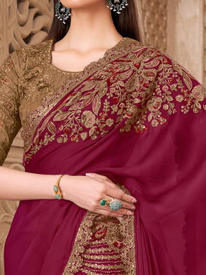 Magenta Satin Saree with Elegant Embroidered Border Work and Modern Ethnic Appeal - Image 2