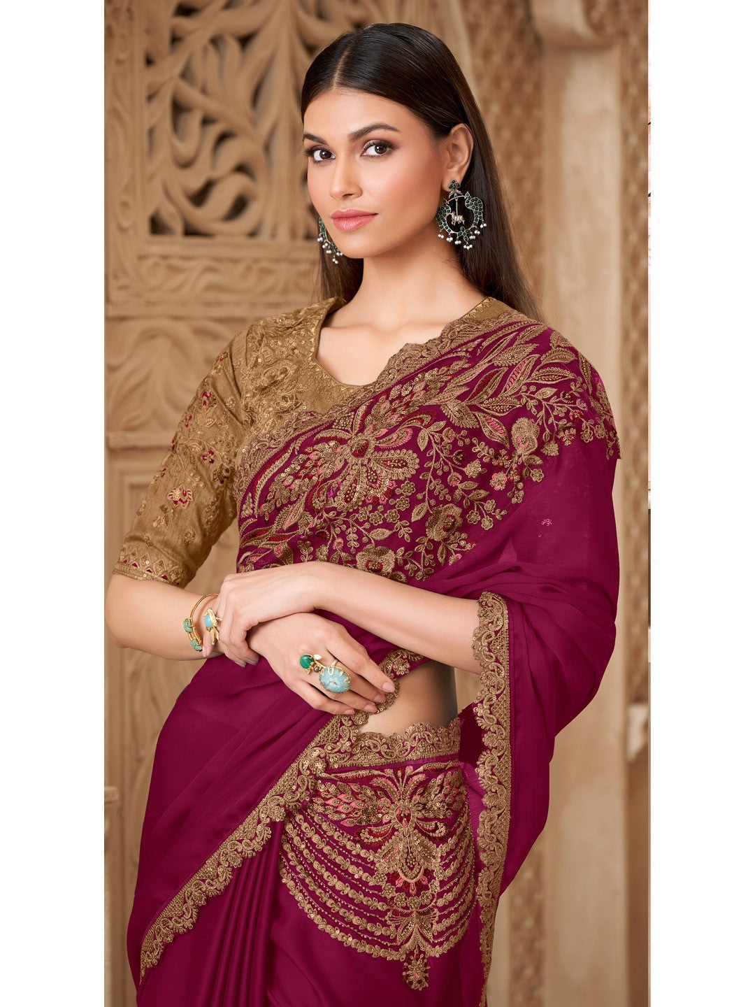 Magenta Satin Saree with Elegant Embroidered Border Work and Modern Ethnic Appeal - Image 5