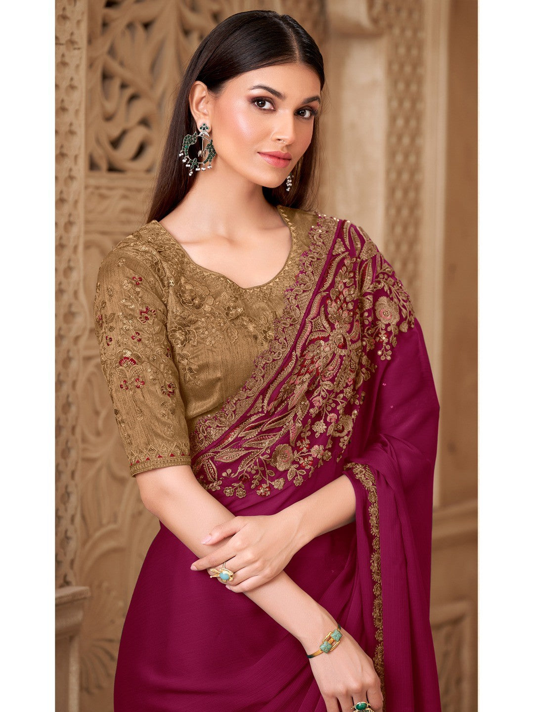 Magenta Satin Saree with Elegant Embroidered Border Work and Modern Ethnic Appeal - Image 4