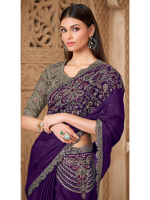 Purple Satin Saree with Elegant Embroidered Border Work and Modern Ethnic Appeal - Image 2