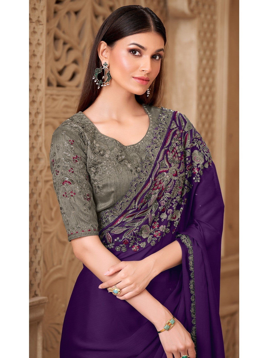 Purple Satin Saree with Elegant Embroidered Border Work and Modern Ethnic Appeal - Image 5