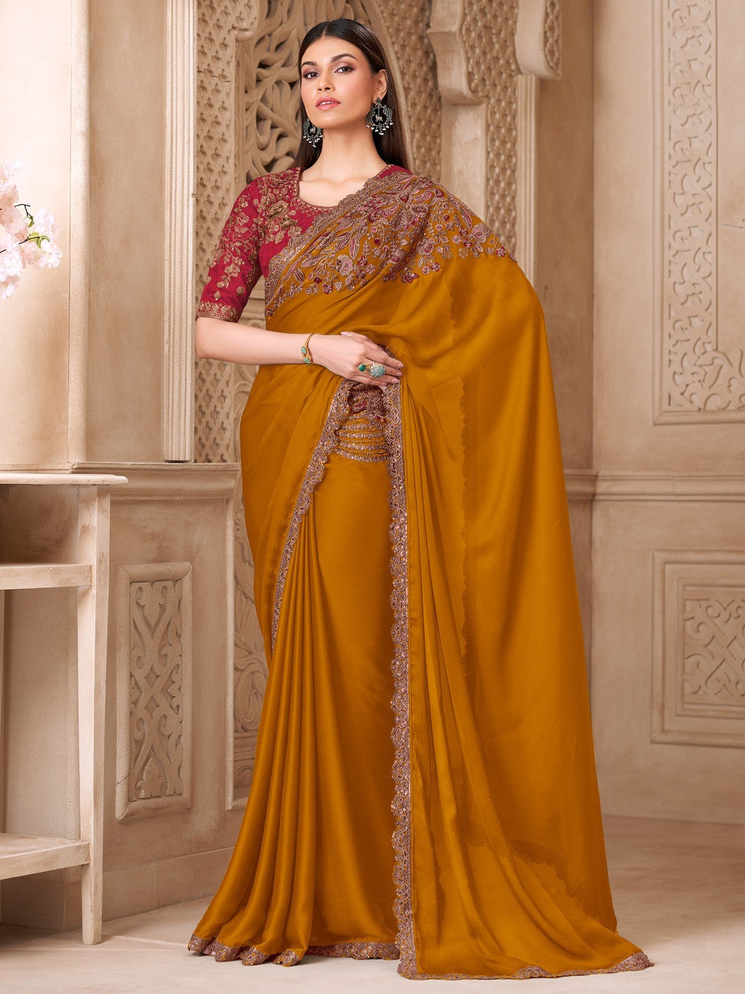 Mustard Satin Saree with Elegant Embroidered Border Work and Modern Ethnic Appeal - Image 1