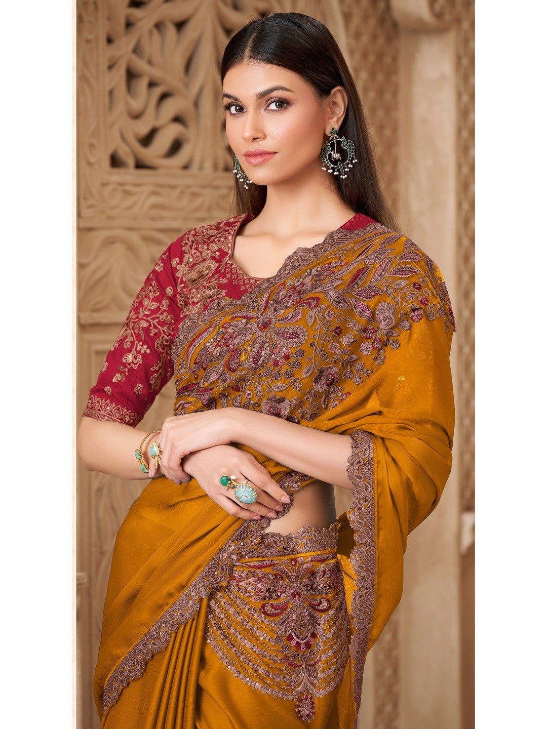 Mustard Satin Saree with Elegant Embroidered Border Work and Modern Ethnic Appeal - Image 5