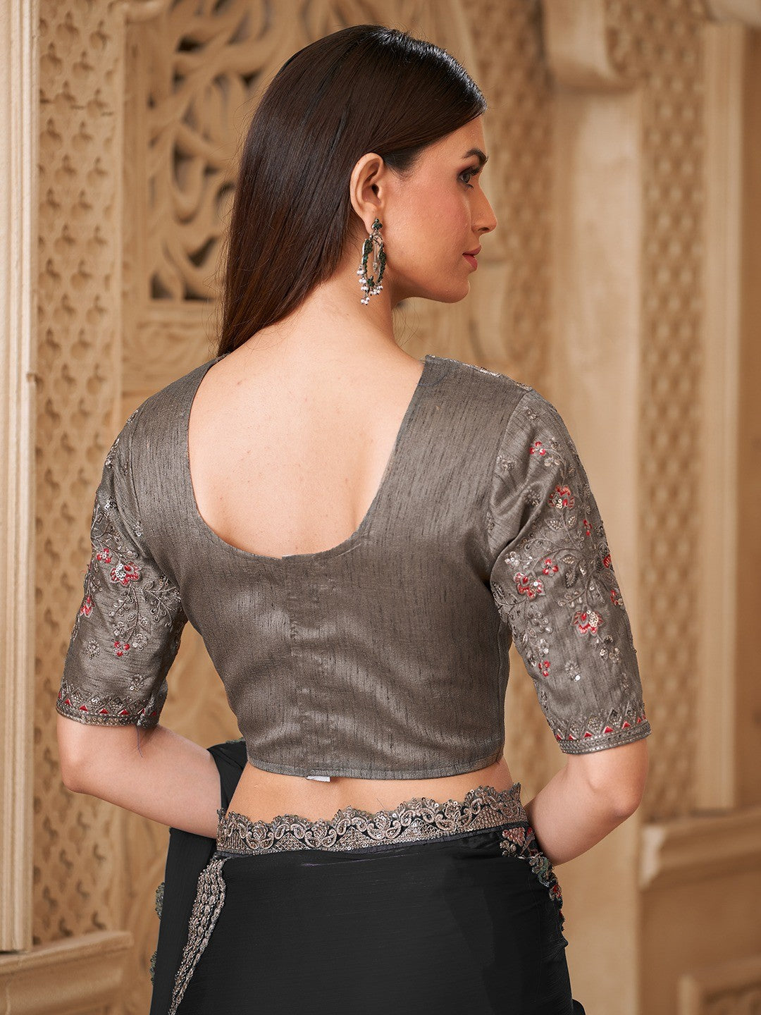 Black Satin Saree with Elegant Embroidered Border Work and Modern Ethnic Appeal - Image 6