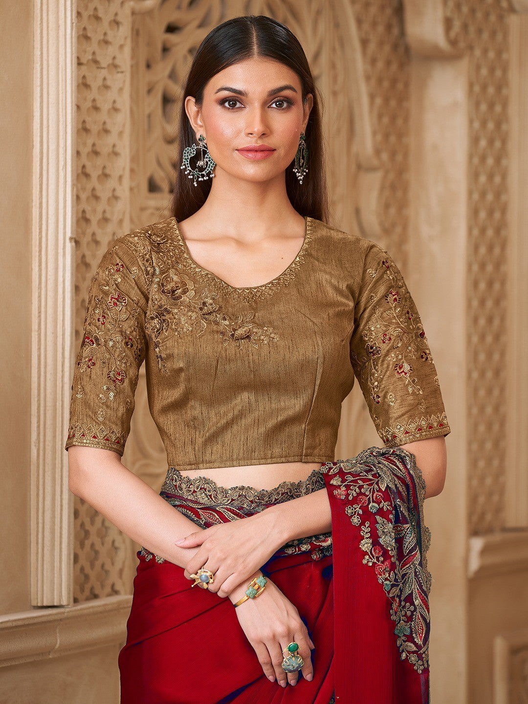 Red Satin Saree with Elegant Embroidered Border Work and Modern Ethnic Appeal - Image 3