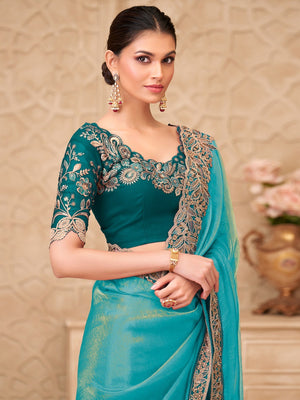 Turquoise Georgette Saree with Elegant Embroidered Work and Modern Ethnic Appeal - Image 2