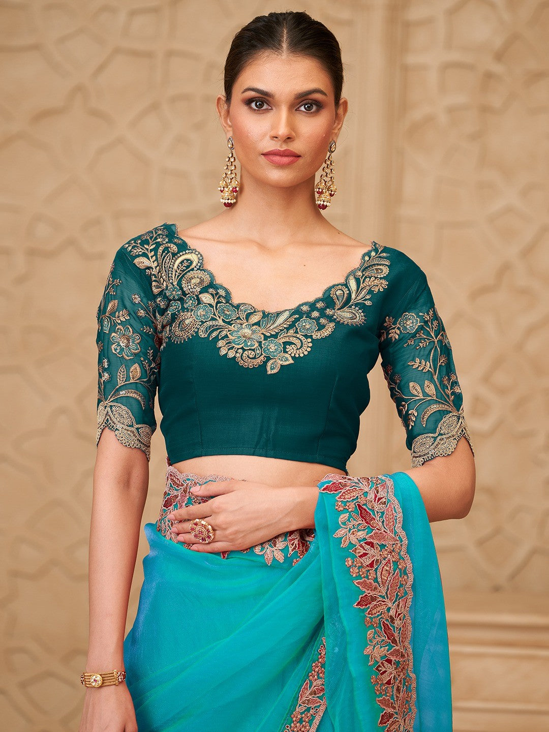 Turquoise Georgette Saree with Elegant Embroidered Work and Modern Ethnic Appeal - Image 5