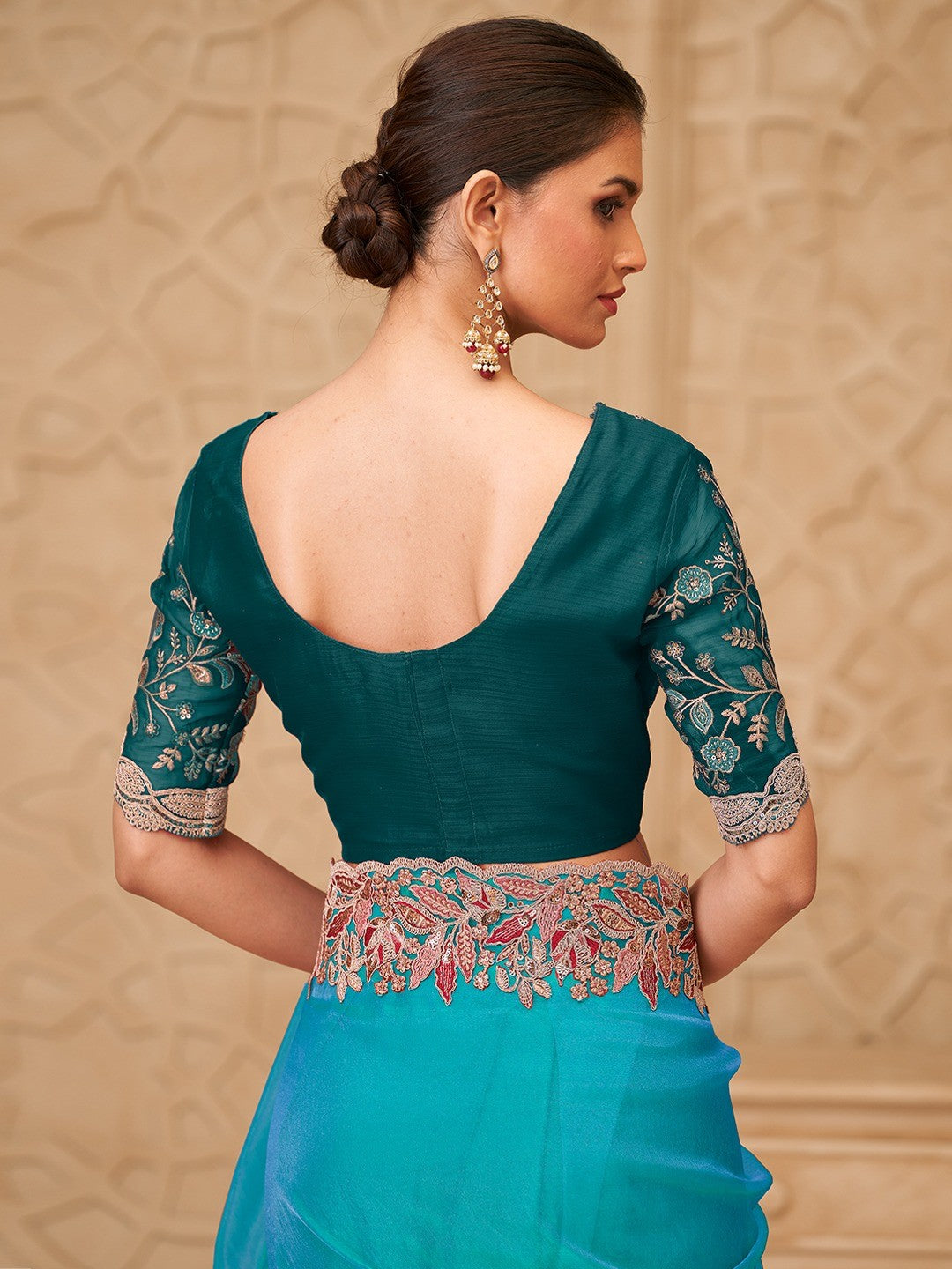 Turquoise Georgette Saree with Elegant Embroidered Work and Modern Ethnic Appeal - Image 4