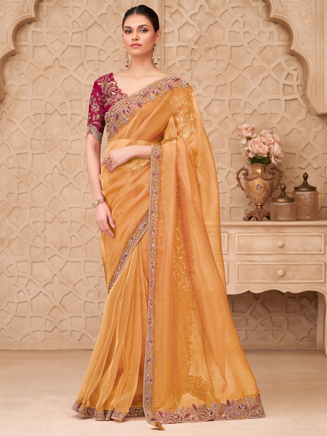 Mustard Georgette Saree with Elegant Embroidered Work and Modern Ethnic Appeal - Image 1