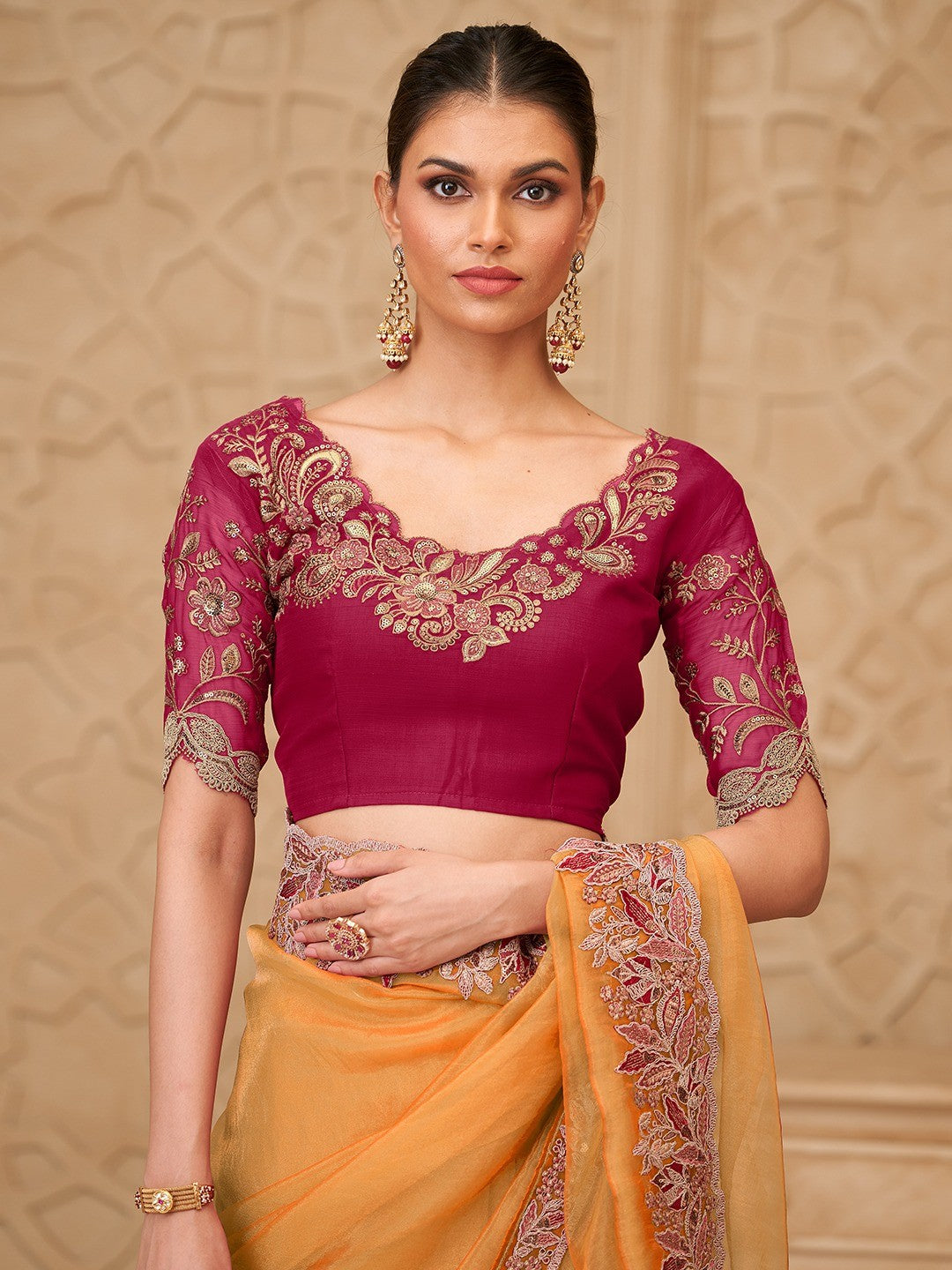 Mustard Georgette Saree with Elegant Embroidered Work and Modern Ethnic Appeal - Image 3