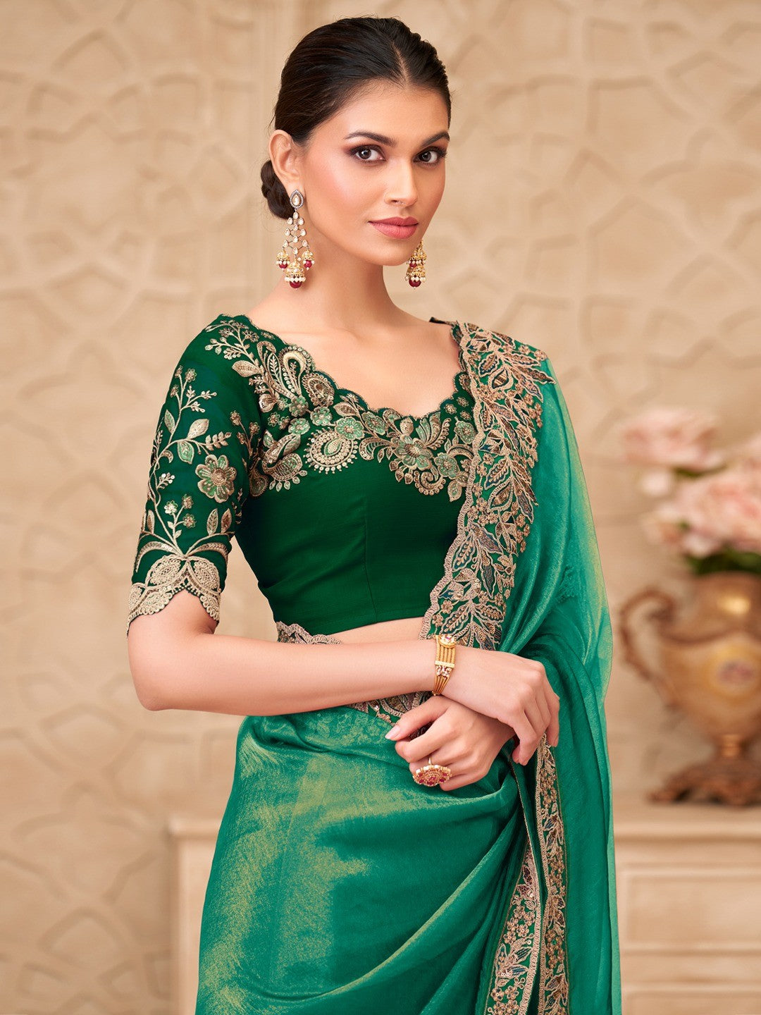 Green Georgette Saree with Elegant Embroidered Work and Modern Ethnic Appeal - Image 4