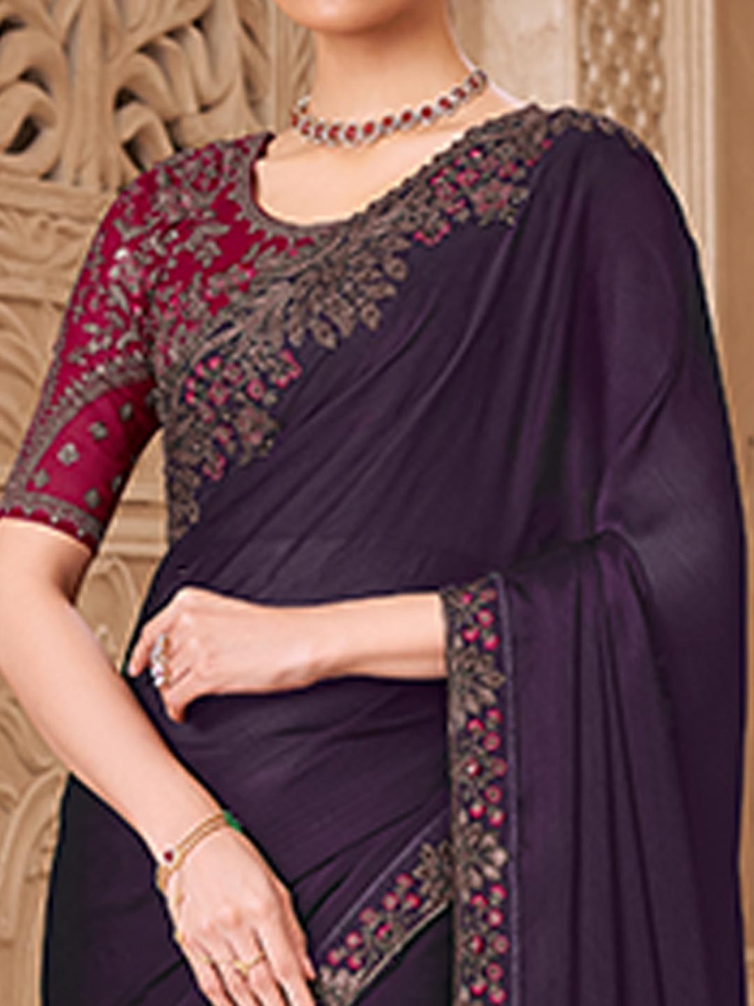 Wine Georgette Saree Featuring Detailed Embroidered Border - Image 5