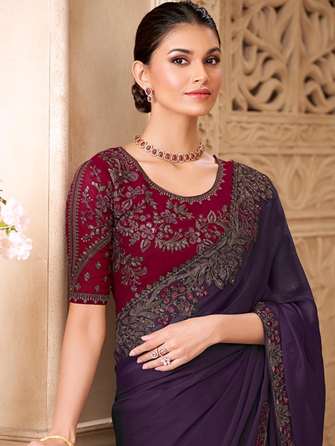 Wine Georgette Saree Featuring Detailed Embroidered Border - Image 4