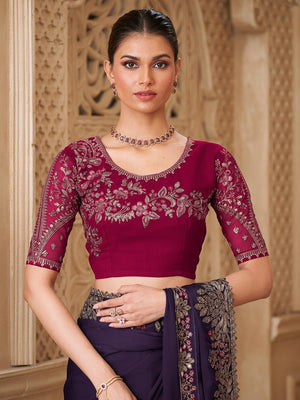 Wine Georgette Saree Featuring Detailed Embroidered Border - Image 2