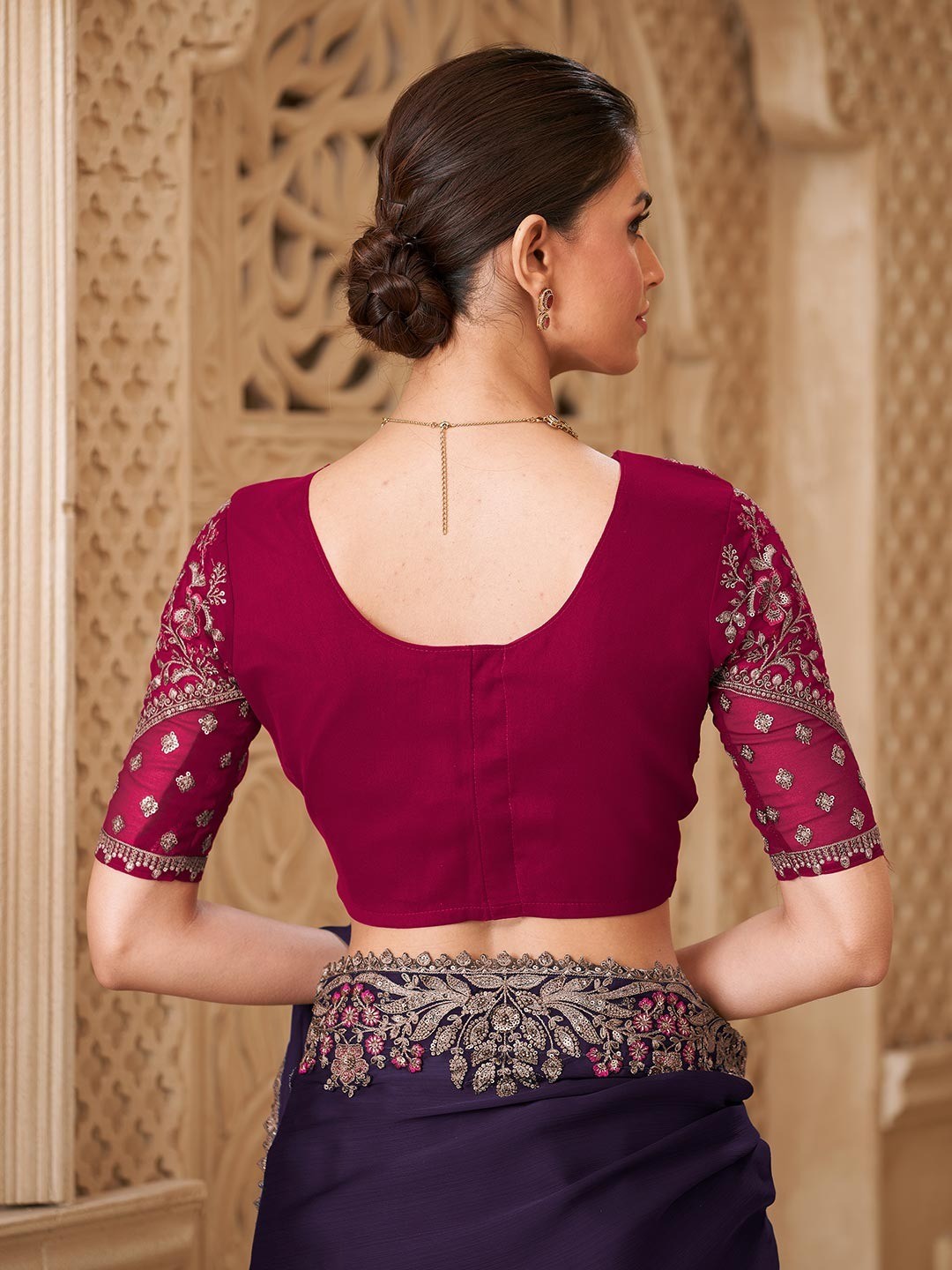 Wine Georgette Saree Featuring Detailed Embroidered Border - Image 2