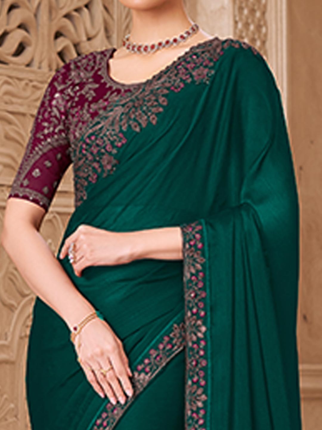 Dark Green Georgette Saree Featuring Detailed Embroidered Border - Image 5