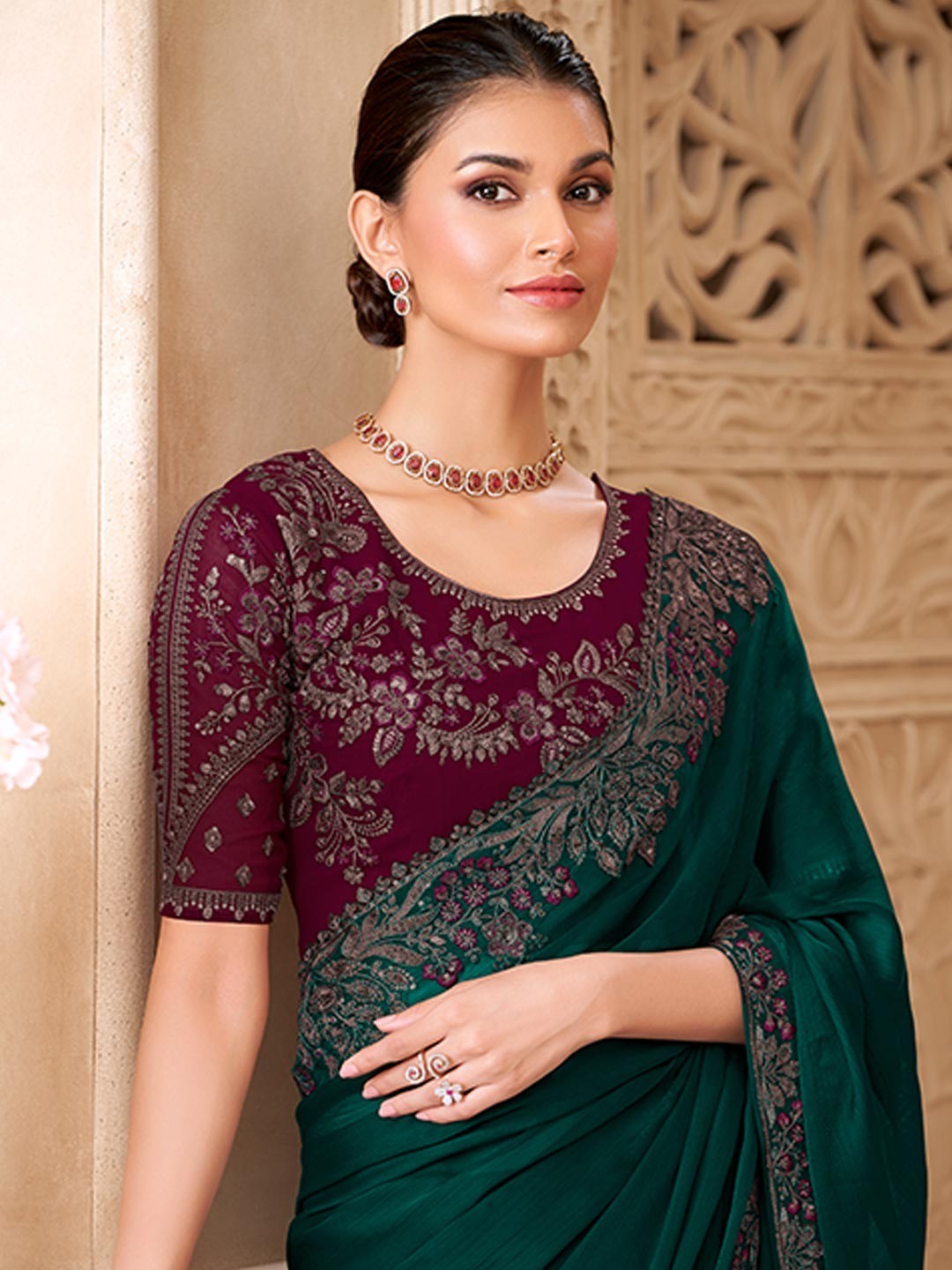 Dark Green Georgette Saree Featuring Detailed Embroidered Border - Image 4