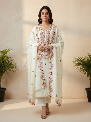 Cream Vichitra Silk Embroidered Dress Material with Dupatta - Image 1