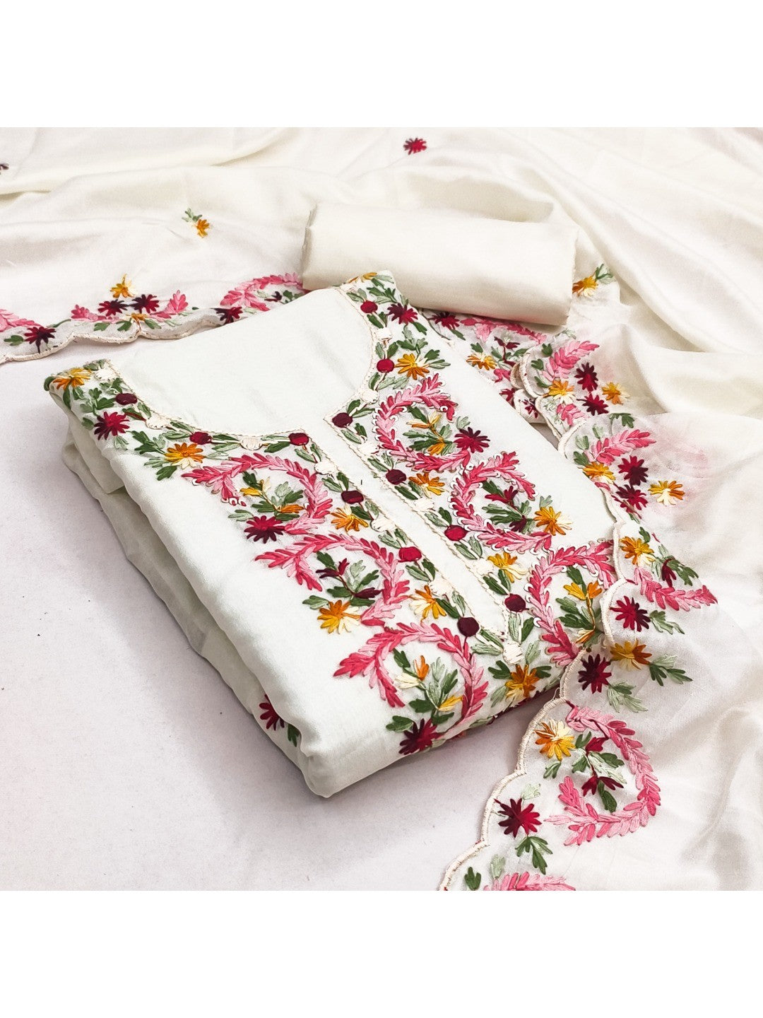 Cream Vichitra Silk Embroidered Dress Material with Dupatta - Image 3