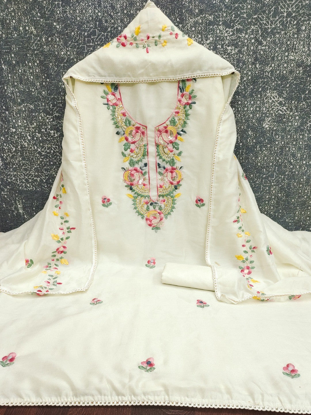 Elegant Cream Vichitra Silk Dress Material with Floral Embroidery - Image 2