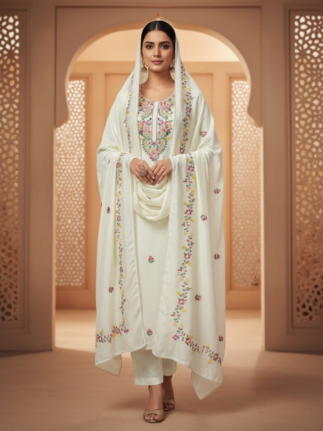 Elegant Cream Vichitra Silk Dress Material with Floral Embroidery - Image 1