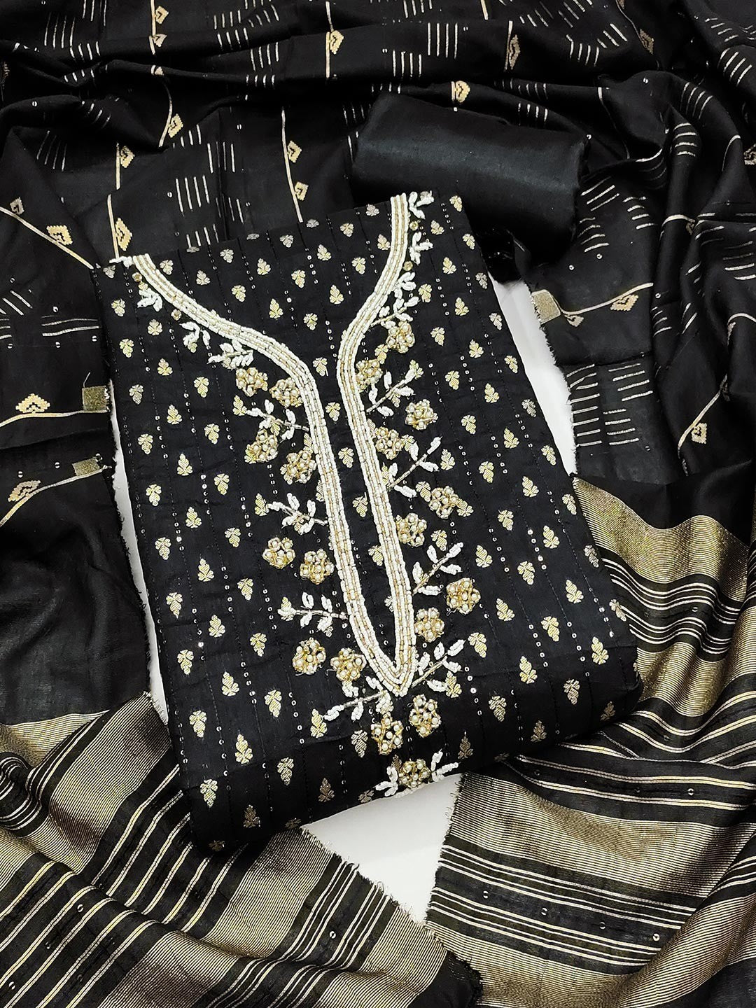 Elegant Black Sequins Embroidered Chanderi Jacquard Dress Material With Beads & Moti Handwork - Image 5