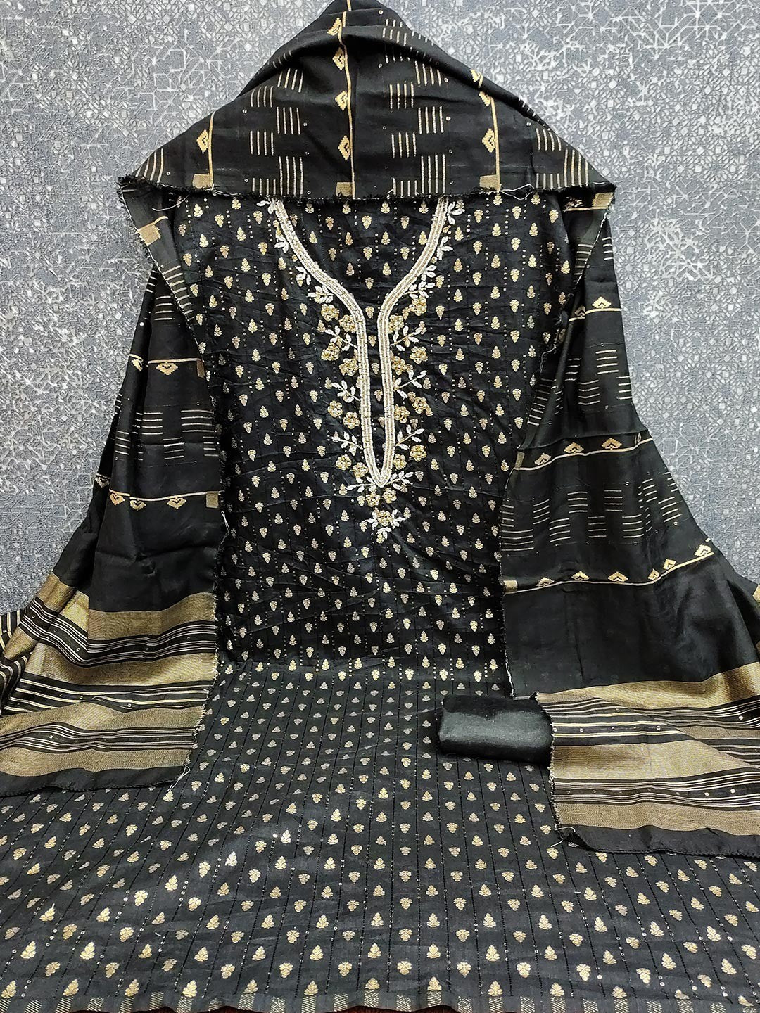 Elegant Black Sequins Embroidered Chanderi Jacquard Dress Material With Beads & Moti Handwork - Image 3