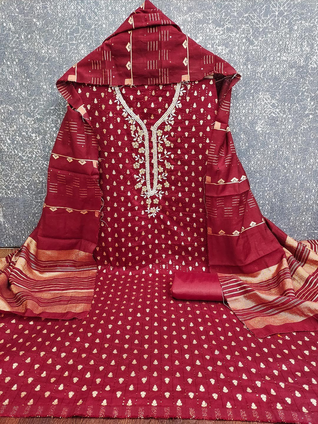 Elegant Maroon Sequins Embroidered Chanderi Jacquard Dress Material With Beads & Moti Handwork - Image 3