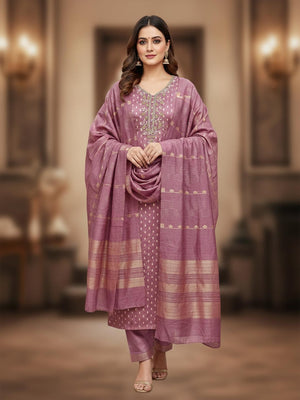 Elegant Pink Sequins Embroidered Chanderi Jacquard Dress Material With Beads & Moti Handwork - Image 1