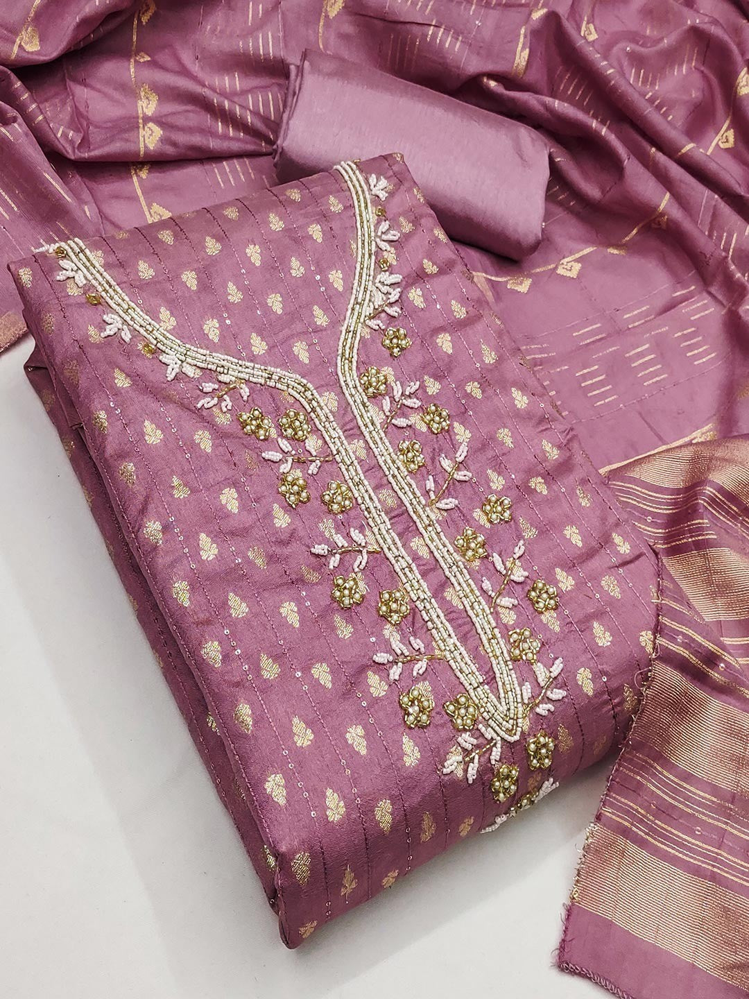 Elegant Pink Sequins Embroidered Chanderi Jacquard Dress Material With Beads & Moti Handwork - Image 3