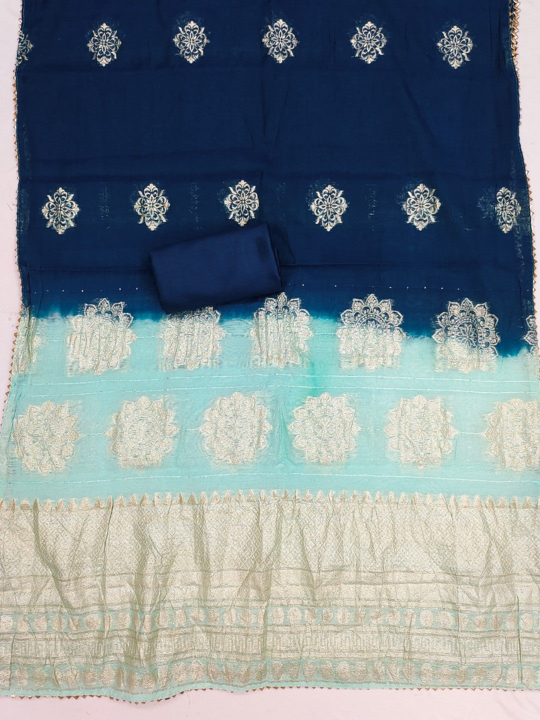 Sea Green Banarasi Silk Dress Material with Artistic Gota Work and Luxurious Texture - Image 2
