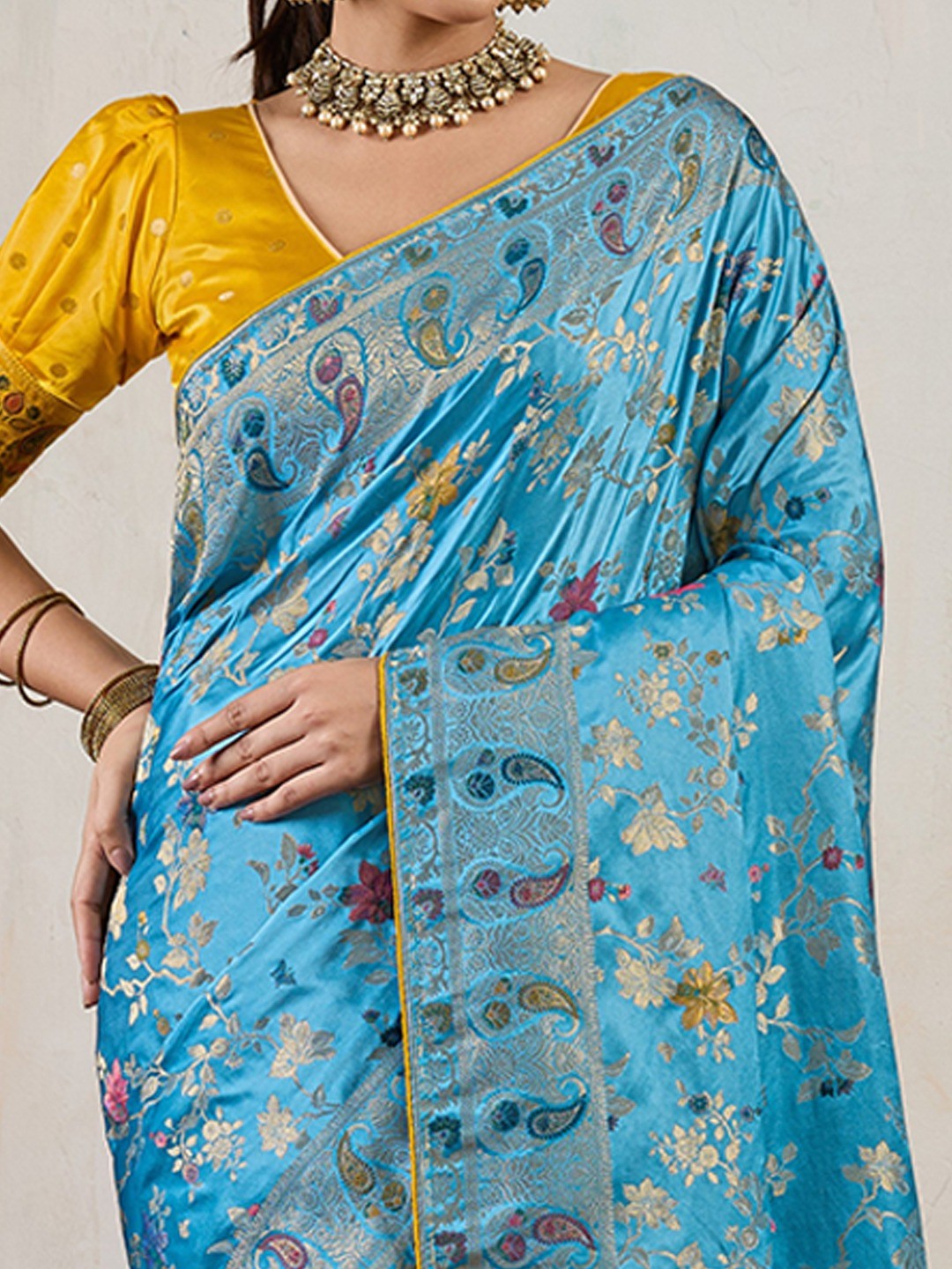 Graceful Aqua Blue Floral Meenakari Weaving Satin Pashmeena Saree Delicate Finish Piping & Tassels - Image 5