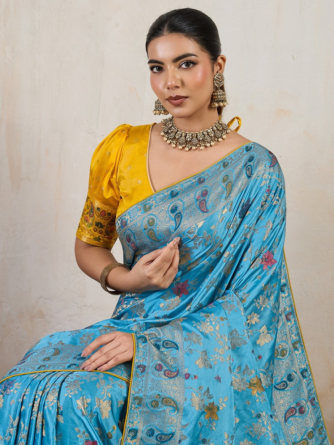 Graceful Aqua Blue Floral Meenakari Weaving Satin Pashmeena Saree Delicate Finish Piping & Tassels - Image 2