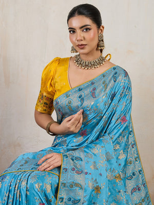 Graceful Aqua Blue Floral Meenakari Weaving Satin Pashmeena Saree Delicate Finish Piping & Tassels - Image 2