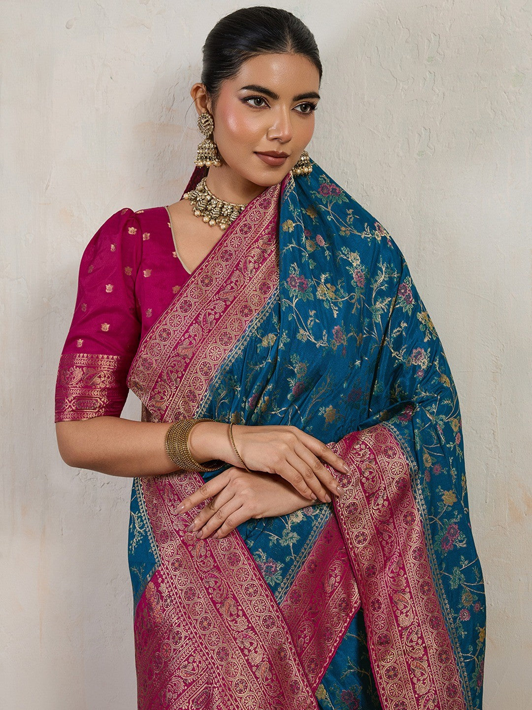 Graceful Blue Floral Meenakari Weaving Satin Pashmeena Saree Delicate Finish Piping & Tassels - Image 3