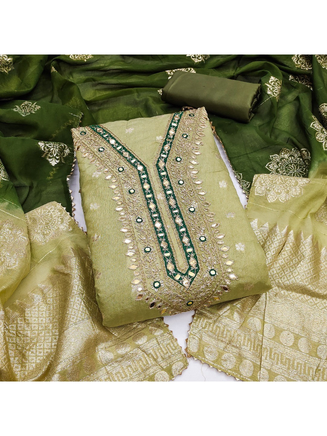 Green Banarasi Silk Dress Material with Artistic Gota Work and Luxurious Texture - Image 3