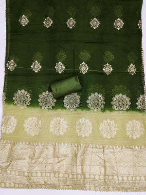 Green Banarasi Silk Dress Material with Artistic Gota Work and Luxurious Texture - Image 2