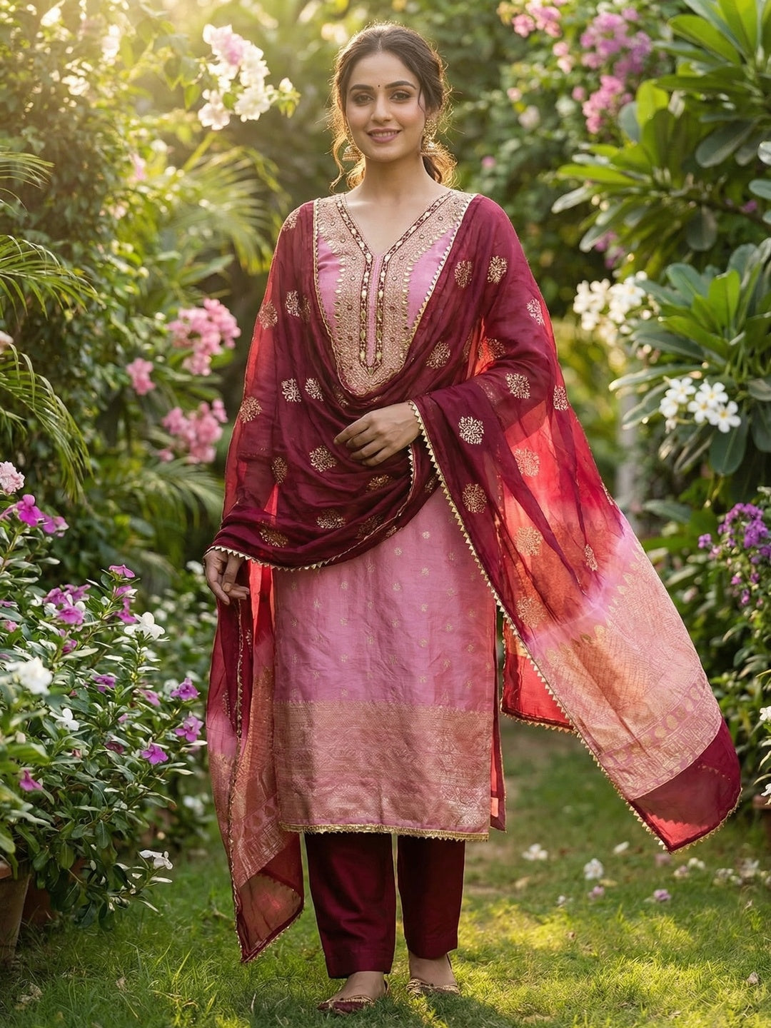 Pink Banarasi Silk Dress Material with Artistic Gota Work and Luxurious Texture - Image 1
