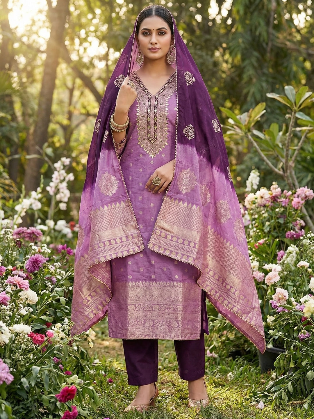 Purple Banarasi Silk Dress Material with Artistic Gota Work and Luxurious Texture - Image 1