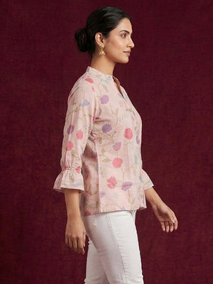 Casual Wear Baby Pink Muslin Shirt with Floral Pattern - Image 2