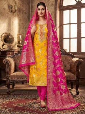 Yellow Jacquard Suit Fabric with Ornate Pink Banarasi Dupatta for Festive Occasions. - Image 1