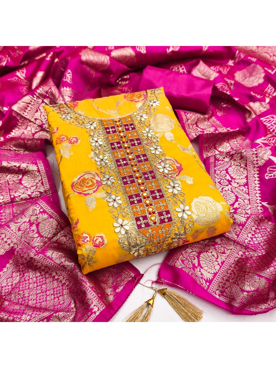 Yellow Jacquard Suit Fabric with Ornate Pink Banarasi Dupatta for Festive Occasions. - Image 3