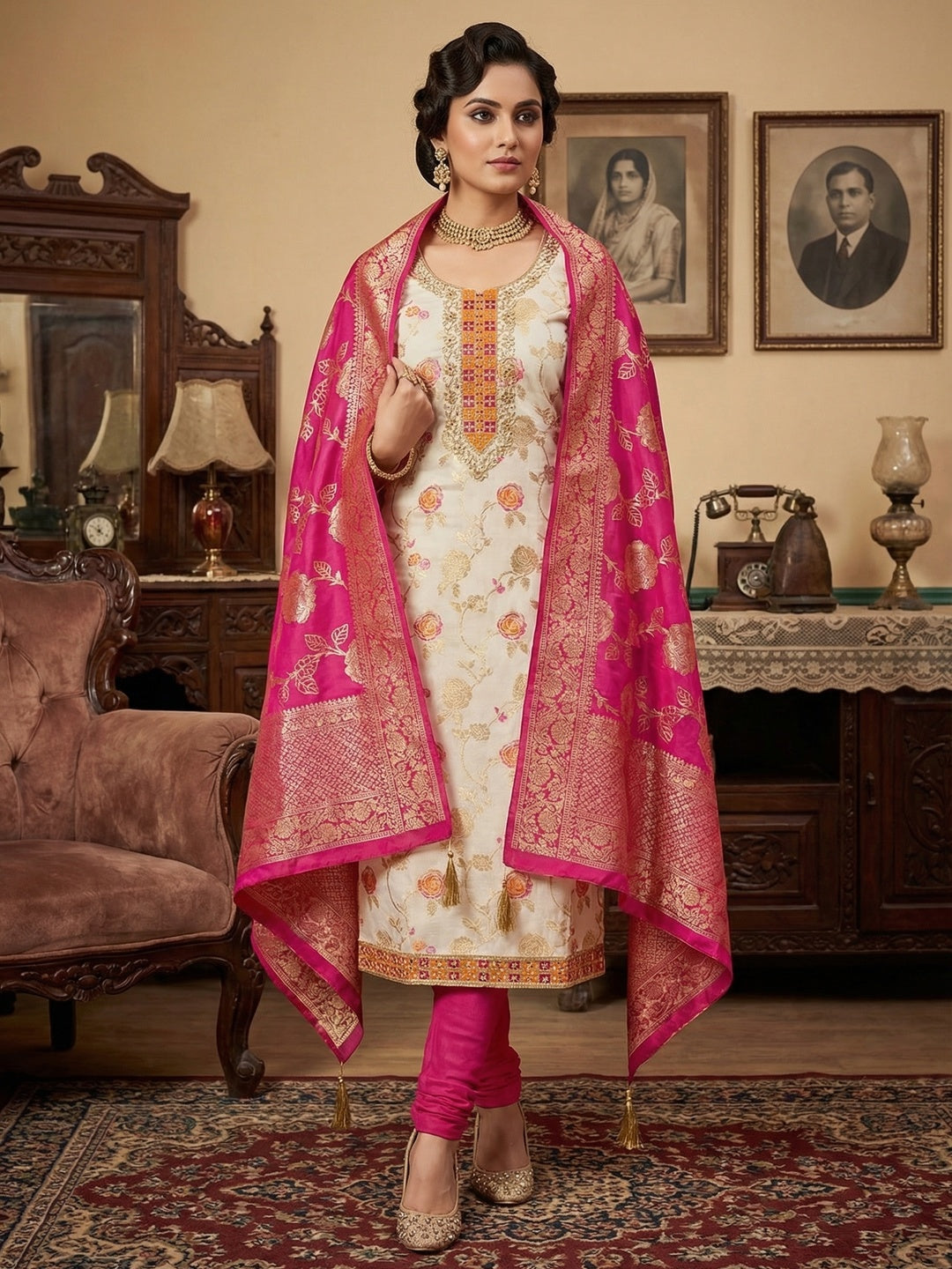 Cream Jacquard Suit Fabric with Ornate Pink Banarasi Dupatta for Festive Occasions. - Image 1