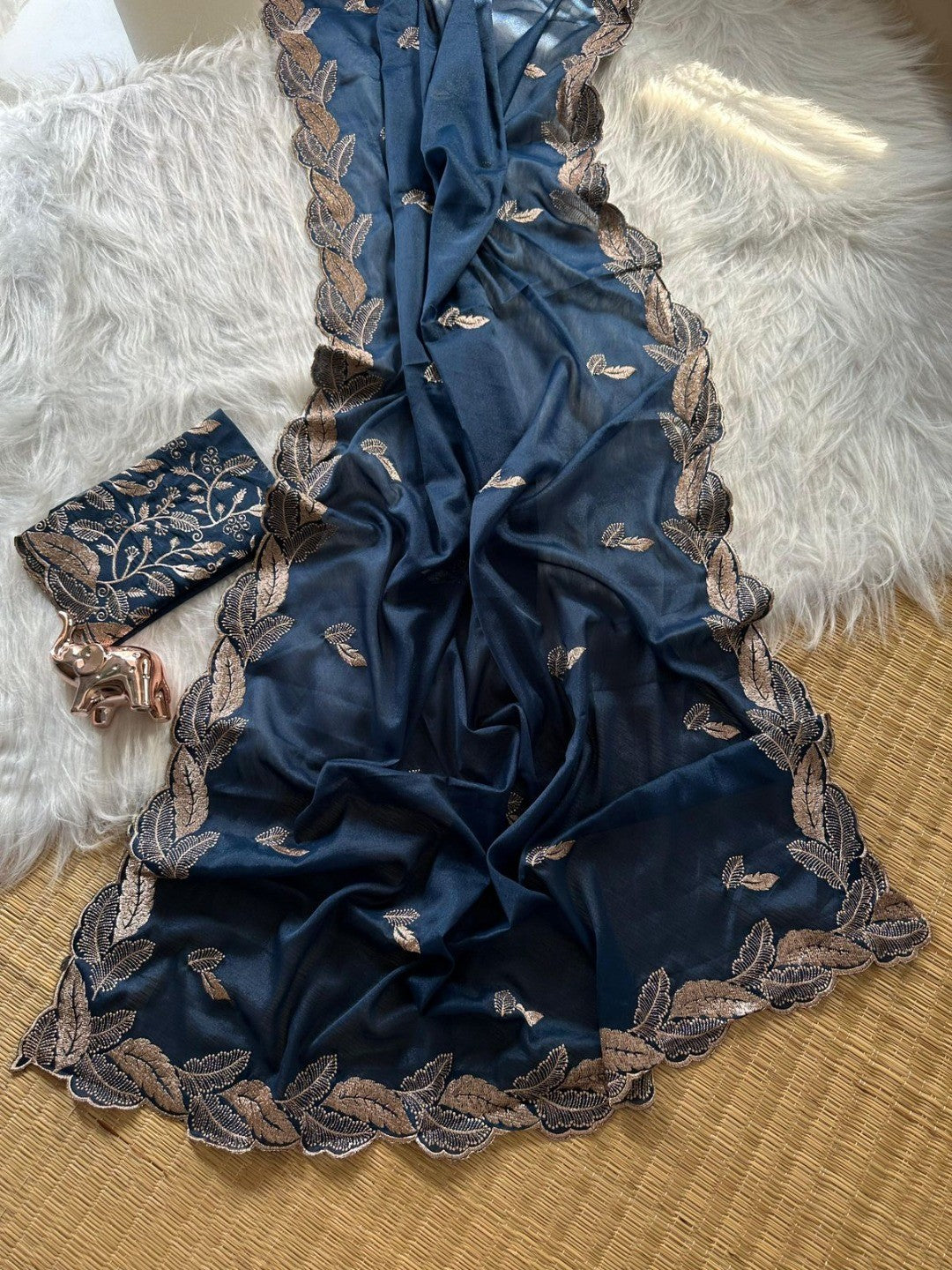 Stunning Blue Leaf Pattern Zari Embroidery Shimmer Saree With Luxurious Sparkling Texture - Image 2