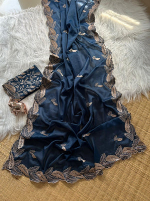 Stunning Blue Leaf Pattern Zari Embroidery Shimmer Saree With Luxurious Sparkling Texture - Image 2