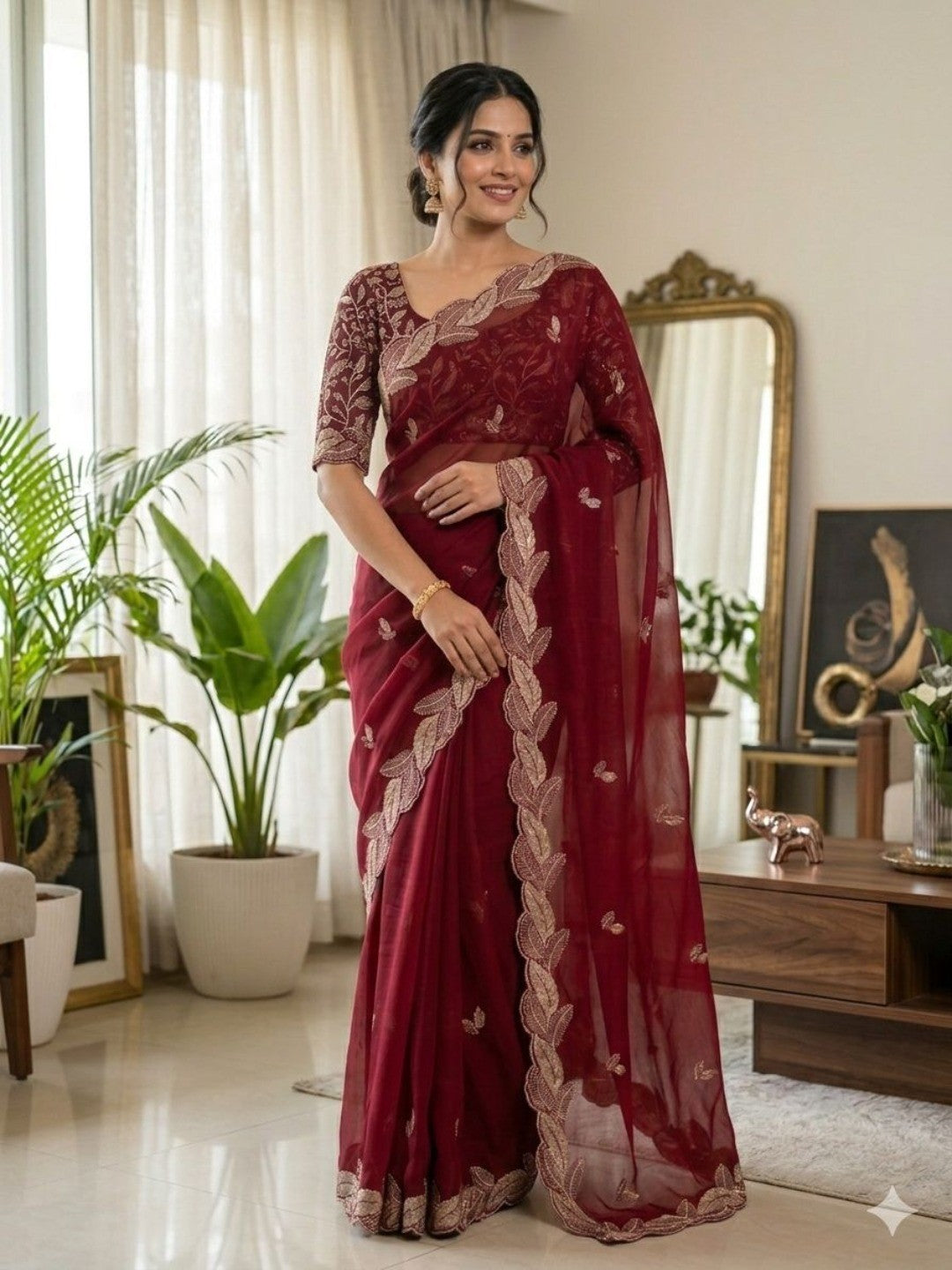 Elegant Red Shimmer Saree with Zari Work Embroidery - Image 1