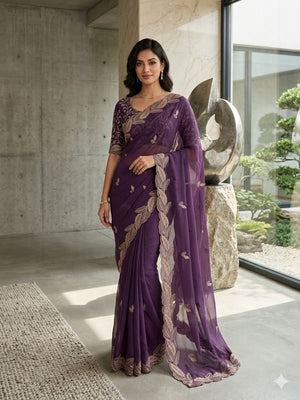 Stunning Wine Leaf Pattern Zari Embroidery Shimmer Saree With Luxurious Sparkling Texture - Image 1